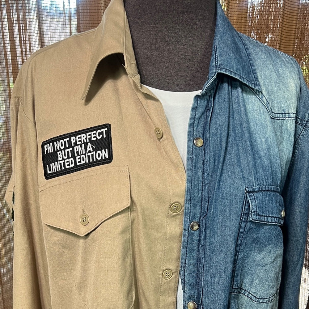 Upcycled Two-Tone Tan and Blue Unisex Shirt - Picture 4 of 4